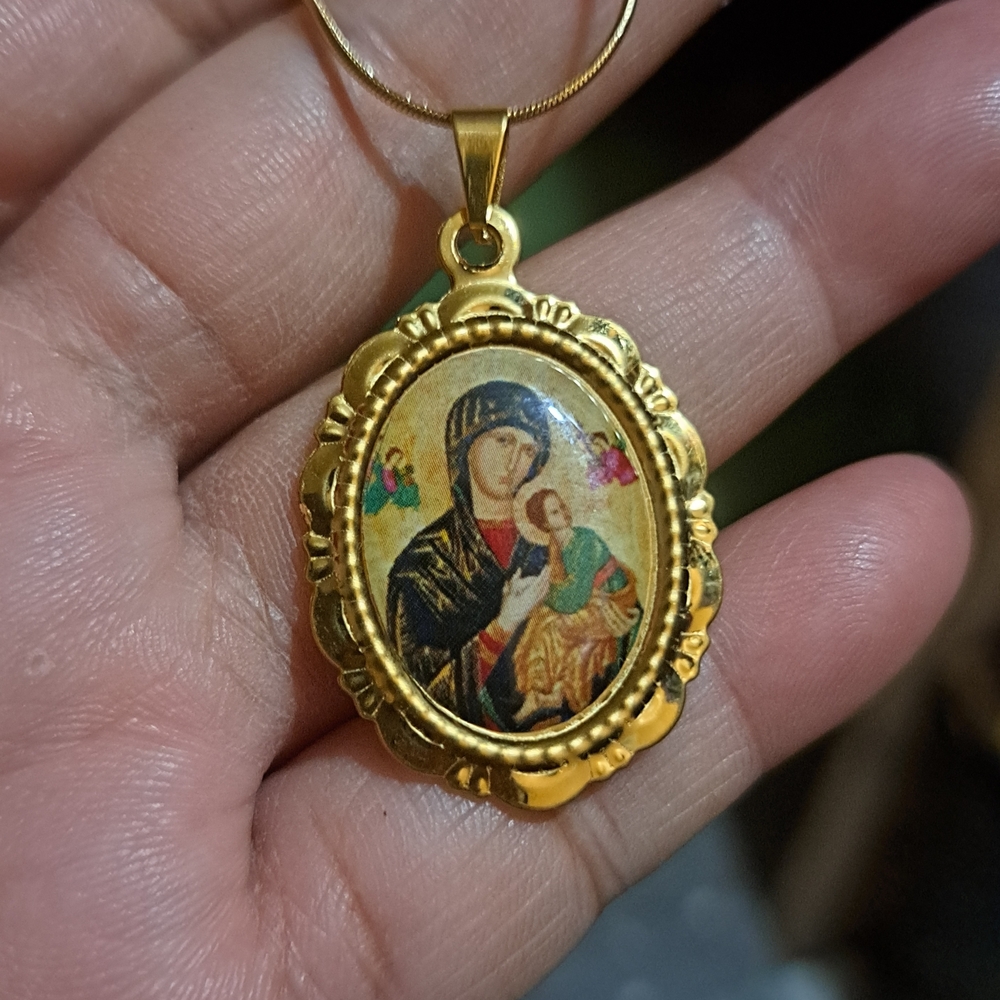 Gold Tone Virgin Mary and Child Pendant Necklace - Religious Women's Jewelry